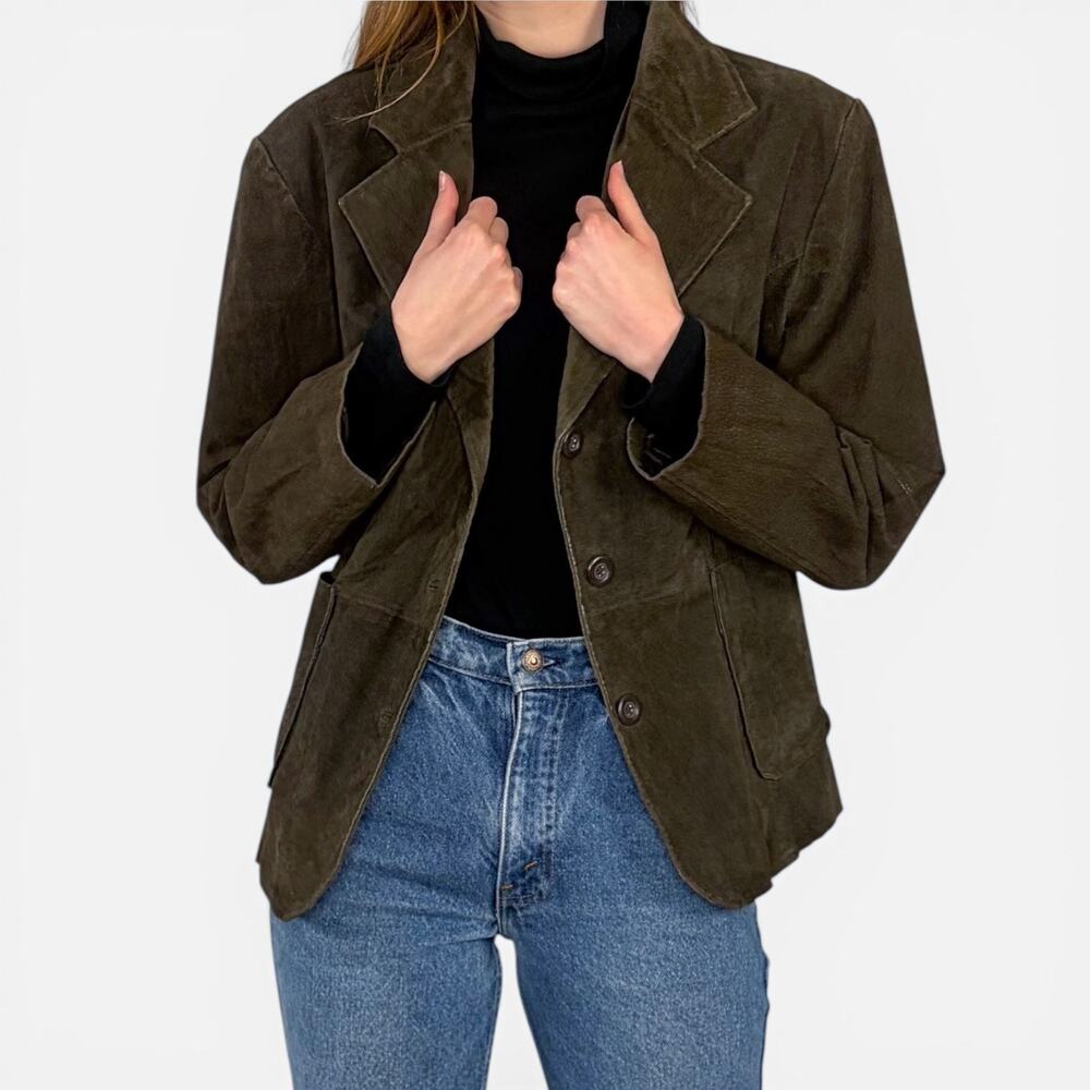 Vintage Outer Edge Olive Green Suede Blazer Jacket Grunge Fairycore Boho Sz L